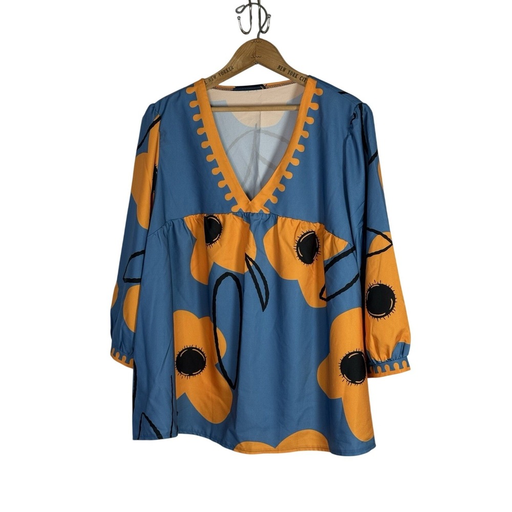 Shein 3XL blue and orange Blouse V-neck, floral print blouse